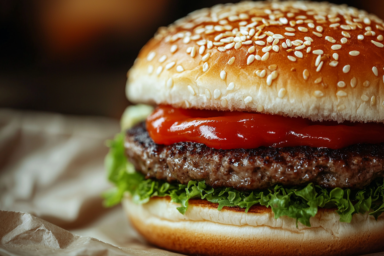 Zbliżenie na tłustego hamburgera - jeden z produktów, które obciążają wątrobę.